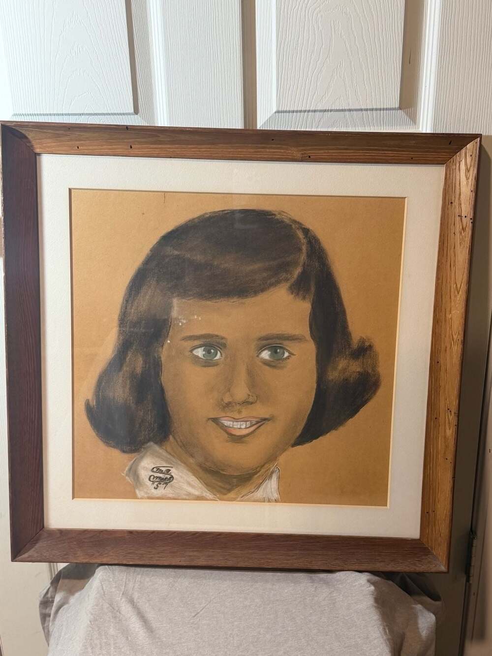 Vintage 1957 Pastel Chalk Portrait Drawing of Young Girl Signed Framed Art Mart
